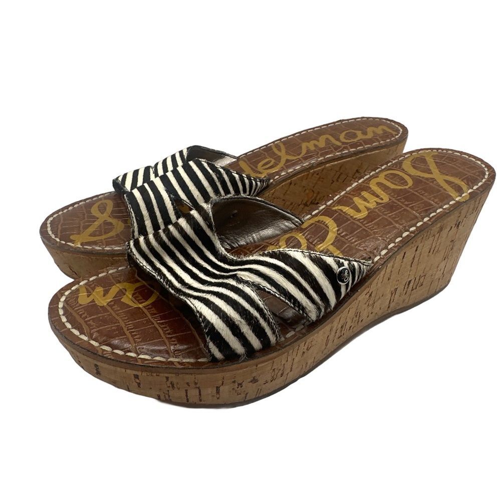 Sam Edelman Black and White Zebra Print Cork Wedge Sandals